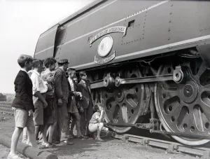 Admiration Prints: Small boys admire the Battle of Britain class steam locomotive during an open day