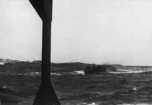 Smoke belching from the conning tower of German Uboat U744 after being attacked for over