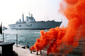 Dockyard Prints: Smoke from flares welcomes HMS Invincible return to Portsmouth from the Falklands