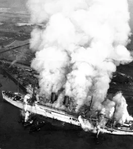 Smoke pouring from The Empress of Scotland ship at Blyth which was destroyed by fire