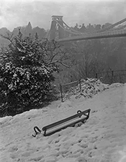 Bridges Prints: A snowy view of Clifton suspension bridge on New Years Day 1962. 1st January 1962