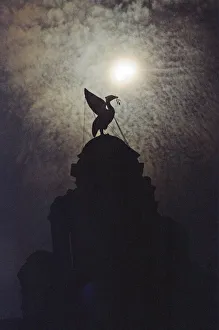The solar eclipse pictured behind the Silhouette of the Liver Bird on a tower of