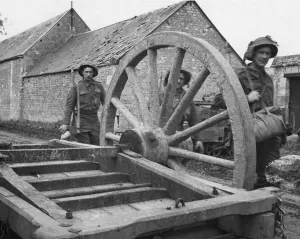 Allies Prints: Soldiers of the 49th Division Passing a wrecked farm cart near Rauray 29th June 1944