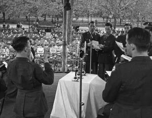Soldiers of the American Army choir singing during an Easter Sunday service at a