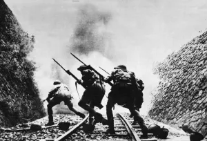 Sicily Prints: Soldiers of the British Eighth Army charge through a railway cutting with fixed bayonets