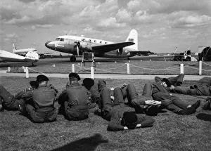 Soldiers from the Duke of Wellington Regiment waiting at Blackbushe Airport while repairs