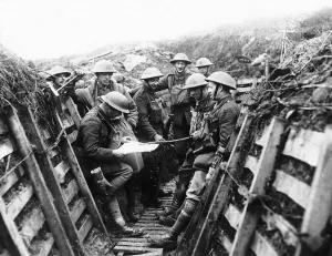 Core18 Prints: Soldiers from the Kings Liverpool Regiment listening to the news being read out as