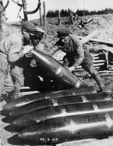 Ammunition Prints: Soldiers of the Soviet Red Army, prepare shells for a large calibre Howitzer somewhere