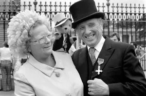 Sooty, Harry Corbett and wife at investiture at Buckingham Palace. Jult 1976