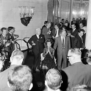 Sophia Loren and Charlie Chaplin at a press conference at the Savoy Hotel, London