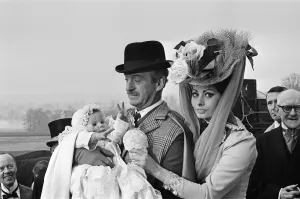 Sophia Loren and David Niven filming Lady L'with baby Simon, aged 9 months