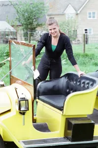 Cult Tv Prints: Sophie Aldred as Ace pose with the Doctors car Bessie whilst on location filming for