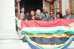 Speech Prints: South African President Nelson Mandela addresses the crowds from the balcony of South