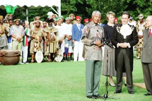 Microphones Prints: South African President Nelson Mandela seen here in Hyde Park on the second day of his