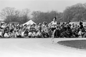 South African wonder girl Zola Budd seen winning the 3000 metre race at Central Park in
