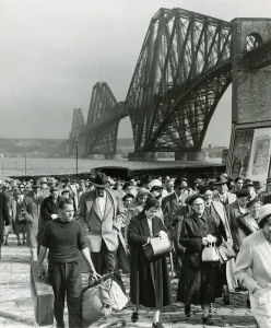 Cantilever Bridge Prints: South Queensferry April 1957 Tourists come ashore from cruise ship Caronia with
