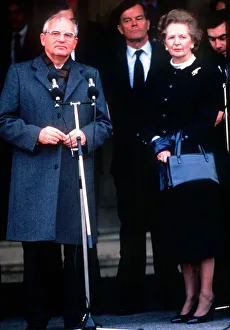00198 Prints: Soviet leader Mikhail Gorbachev at Brize Norton speaking into a microphone as he stands