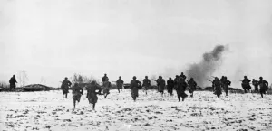 Russia Prints: A Soviet Red Army infantry unit pursuing the retreating enemy German army during