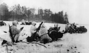 A Soviet Red Army trench mortar battery shelling the enemy German army on the Belarus