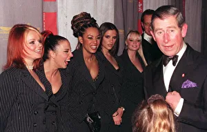 Spice Girls Geri Halliwell Mel C Mel B Victoria Adams and Emma Bunton laugh with Prince