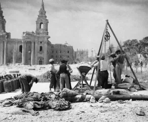 Malta Prints: In spite of almost constant air raid,s grain stores on the island of Malta have suffered