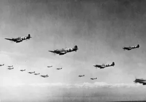 Spitfire fighter aircraft piloted by pilots of the Royal Norwegian Air Force give fighter