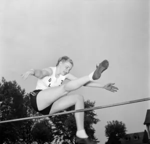 Skill Prints: Sport, Athleties, High Jump. Lesley Lane high jumper seen clearing the bar