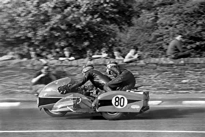 Sport Motorcycling: Isle of Man TT Racing 750 CC Sidecar Class. Action from the race