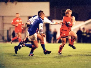 Sport - Rugby League - Wales v Western Samoa - Martin Hall makes a break for Wales