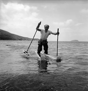 Inventions Prints: Sport water skating. Alexander Wozniak on his float-skis rides the breakers of