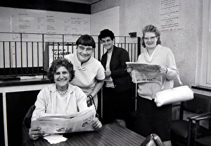 00170 Prints: Four sporting ladies smiling after placing winning bets at a Ladies only betting shop in
