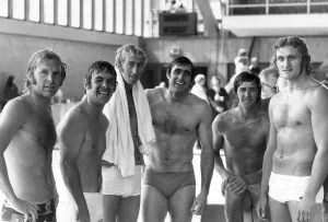 Sports superstar competition. 21st August 1973 Seven sportsmen finish the swimming