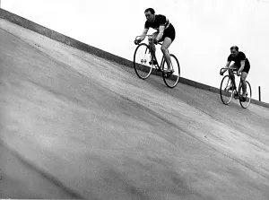 Raleigh Prints: Sportsman of the Year Reg Harris tries out the new velodrome circuit in Manchester 1949