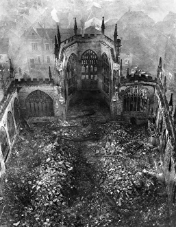 Ruins Prints: St Michaels Cathedral in Coventry lies in ruins after the devastating air raid by