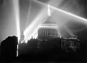 St Pauls Cathedral flood lit during the VE day celebrations to celebrate victory in