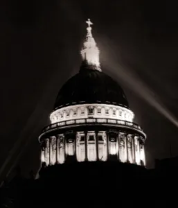 Cathedrals Prints: St Pauls Cathedral in London - June 1946 lit up at night for Victory Day