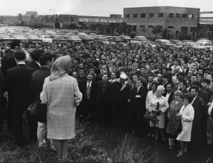 Standard Triumph workers meet outside the Speke factory, Liverpool, Merseyside