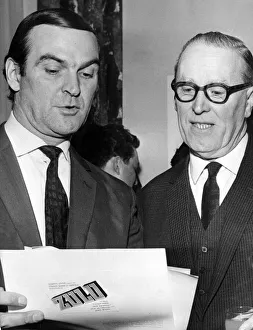 Stanley Baker chats with Mr. Julian Hodge at the reception at the Park Hotel, Cardiff