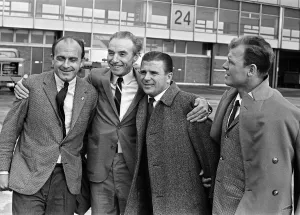 Stanley Matthews (second from left) meets (left to right) Alfredo Di Stefano