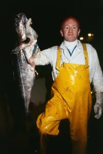 Fisherman Prints: Stanley Robinson fisherman wearing yellow overalls holding large fish April 1989 dock