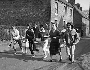 Frying Pan Prints: The start of the pancake race at Whittington near Lichfield which was won by Mrs Janet