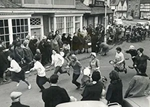 00379 Prints: The start of yesterdays Alcester Shrove Tuesday pancake race