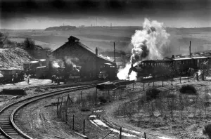 Steam trains leaving the sheds at Tanfield Railway on 3rd April, 1988