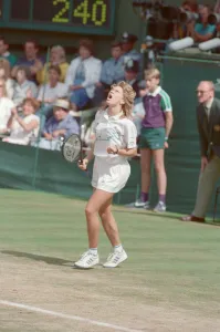 Steffi Graf pictured in action in the Wimbledon Ladies Singles Final on 2nd July 1988