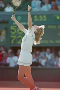 Celebrating Prints: Steffi Graf pictured as she celebrates her first Wimbledon Ladies Final win