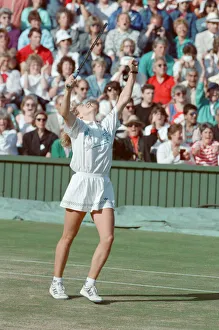 Steffi Graf pictured as she celebrates her first Wimbledon Ladies Final win
