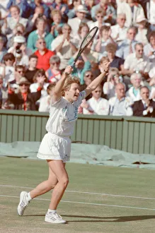Steffi Graf pictured as she celebrates her first Wimbledon Ladies Final win
