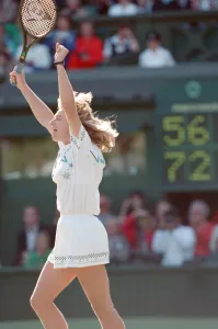 Steffi Graf pictured as she celebrates her first Wimbledon Ladies Final win