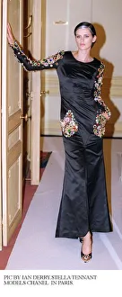 00512 Prints: STELLA TENNANT models Chanel in Paris long black dress with coloured stones