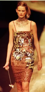 Catwalk Prints: Stella Tennant models dress with tiger motif designed by Valentino at Paris Fashion Week